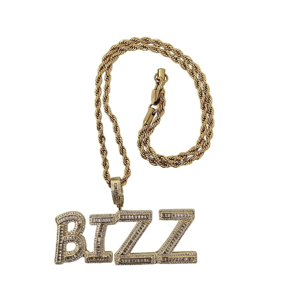 Pres "BIZZ" Custom Baguette Pendant Necklace Rope Chain Gold one Jewelry